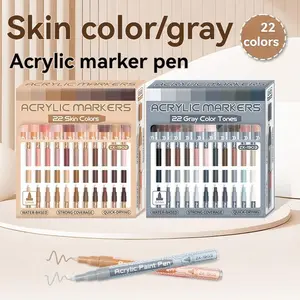 22-Pack Acrylic Paint Markers, Acrylic Paint Pens, Skin Tone & Gray Series, Color Range, Fine 0.7mm Tip, Art Supplies, Art Painting Supplies, School Art Studio Supplies for the Back-to-School Season, Suitable for Rock Pain, Art Marker Set