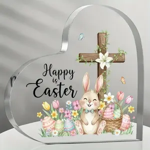 Acrylic Heart-shaped Decorative Plaque, Religious Gift, Home & Seasonal Decoration,with Bunny Easter Decor,Home,Cafe,Office,Room