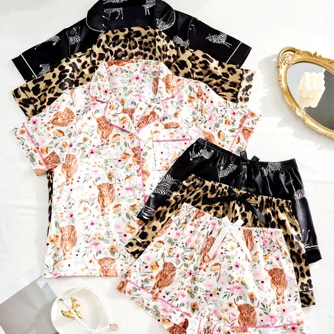 Women's 6-Piece Short-Sleeve Comfy Fits Matching Nightwear Loungewear Set - Elastic Waist Above-the-Knee Shorts, Bow Decoration, Floral/Leopard Fabric, Fitted Style, Valentine Occasions, Cosy Loungewear Sets