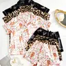 Women's 6-Piece Short-Sleeve Comfy Fits Matching Nightwear Loungewear Set - Elastic Waist Above-the-Knee Shorts, Bow Decoration, Floral/Leopard Fabric, Fitted Style, Valentine Occasions, Cosy Loungewear Sets