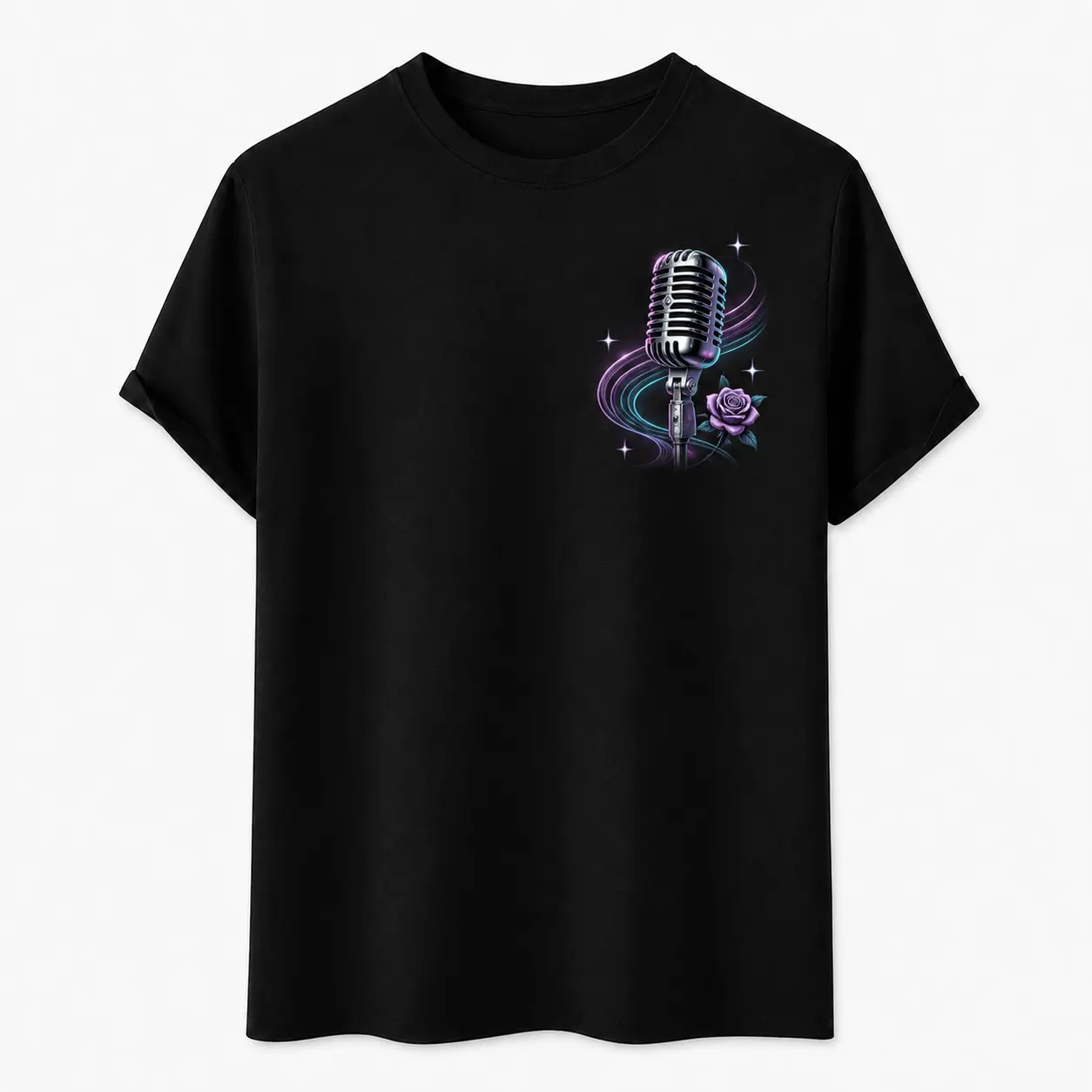 Men's Unisex Streetwear Short-Sleeve Fit T-Shirt - Neon Vintage Mic, Purple Rose, Glowing Star, Singer Pocket Graphic, Metallic, Everyday Wear