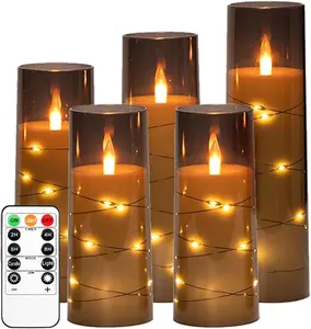 Flashing Flameless Candles with String Light,   Candle, Recessed String LED Candle, Indestructible Plexiglass Candles with Remote Control, Set of 5Gray