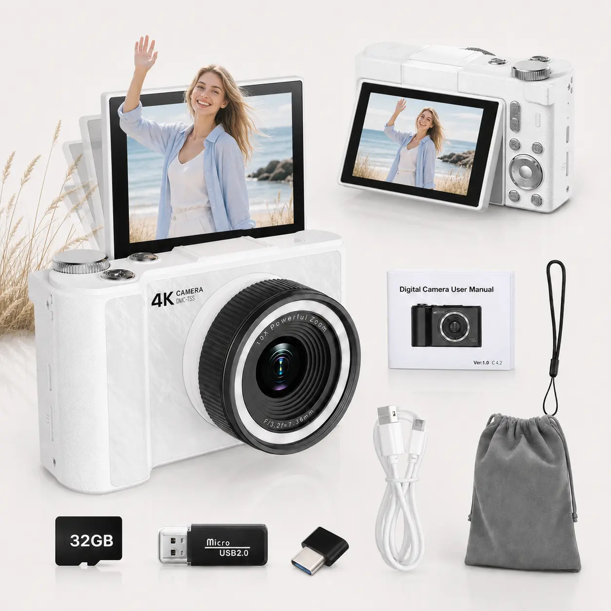 W&O 4K Digital Camera for Photography, Vlogging Camera with Fill Light, 180° Flip Screen, 48MP 16X Digital Zoom, 32GB Card, Compact Point and Shoot Camera for Students, Women and Beginners, Ideal Gift