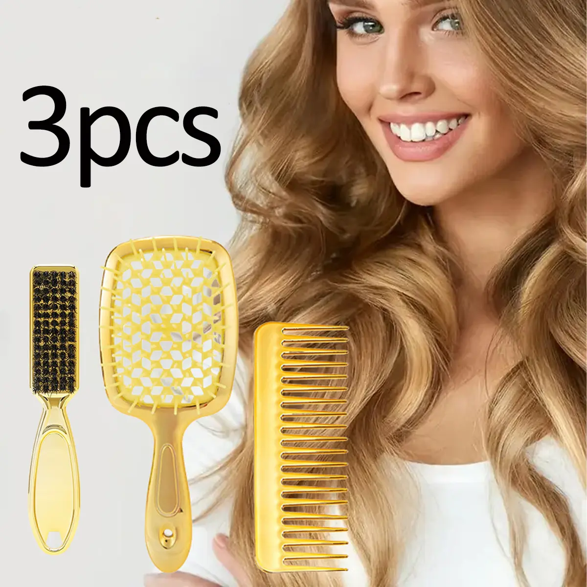 3-piece electroplated hair straightening comb, styling comb set, hollow comb, scalp massage hollow comb, wide-tooth comb, new portable high-end beard brush, beauty makeup straight hair brush stylist tool, suitable for wet and dry use