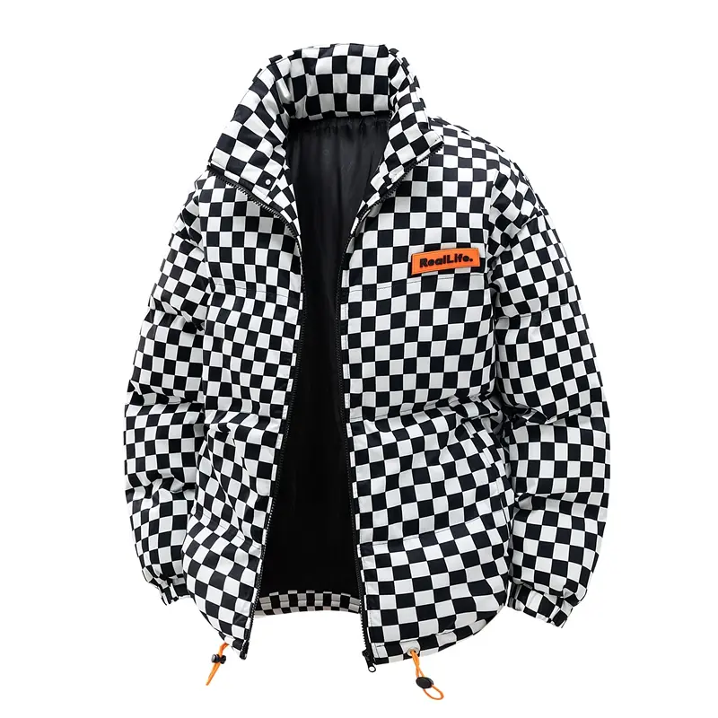 Men's Winter Cotton Jacket, Windproof Thickened Coat,  Checkered warm coat High-Quality Stand Collar Parka, Couple's Fashion Outerwear
