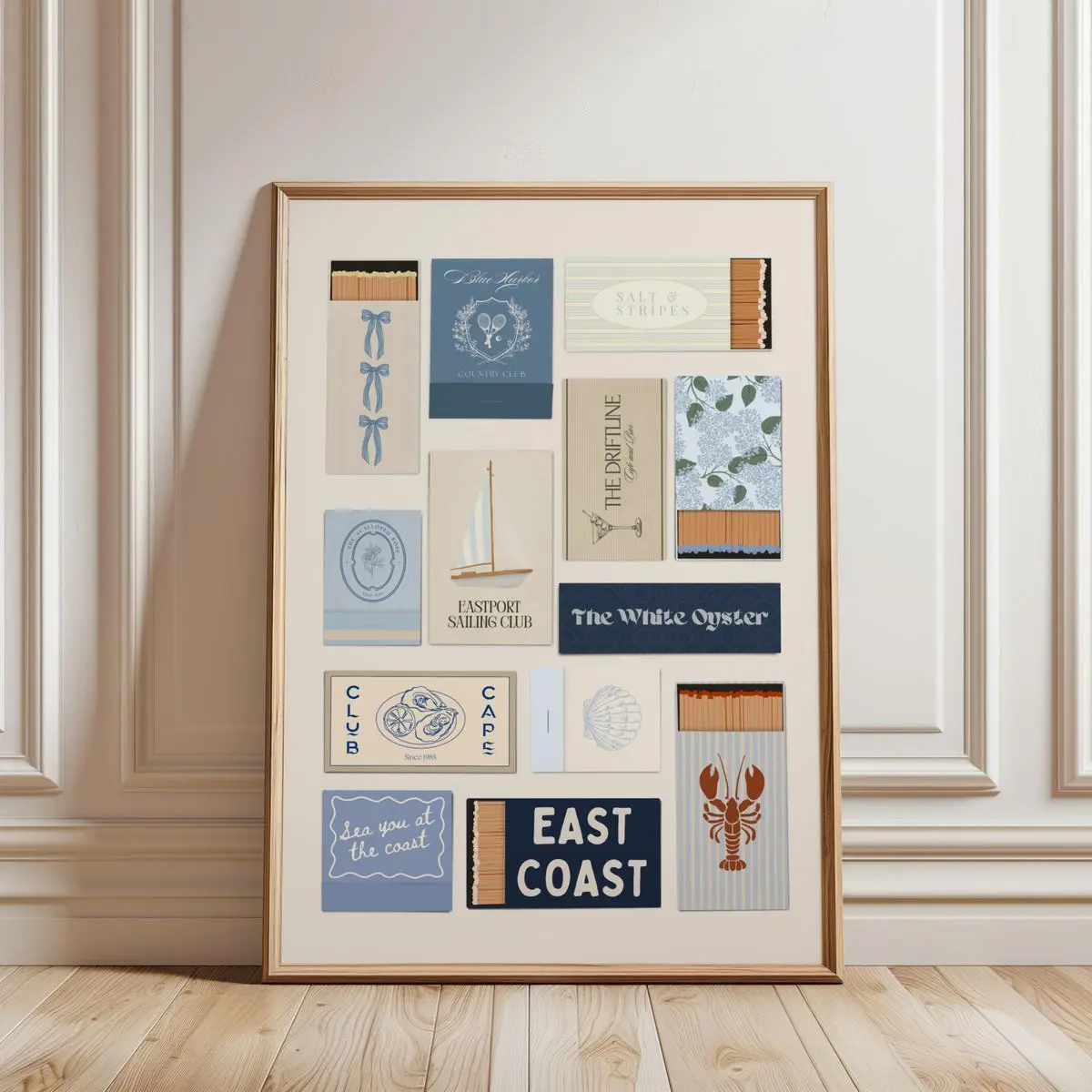 Coastal Wall Art Print – Blue Matchbook Collage, Preppy East Coast Grandmillennial Decor, Beachy Room Aesthetic Poster, Unframed