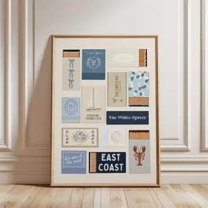 Coastal Wall Art Print – Blue Matchbook Collage, Preppy East Coast Grandmillennial Decor, Beachy Room Aesthetic Poster, Unframed