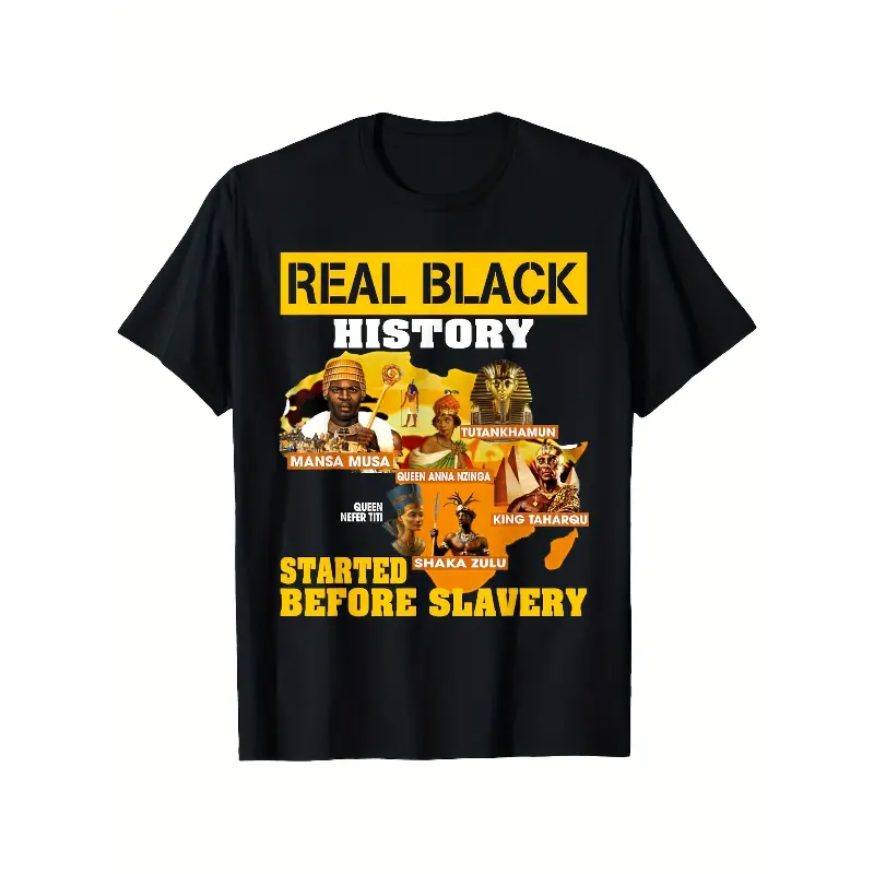 Men's Black History Graphic Print T-Shirt, Casual Cotton Short Sleeve Crew Neck with "Started Before Slavery" Text, Shortsleeve, Top, Tshirt, Geometric, Fitted, Regular, Machine Wash, Menswear, Round Neck, T Shirts, T-Shirt Top