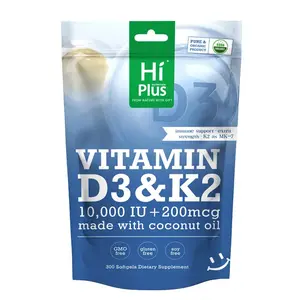 HiPlus Vitamin D3 10,000 lU +K2(MK-7)200mcg Softgels -300 Virgin Coconut Oil Capsulesfor Calcium Absorption, Bone, lmmune & HeartHealth Healthcare Springtok