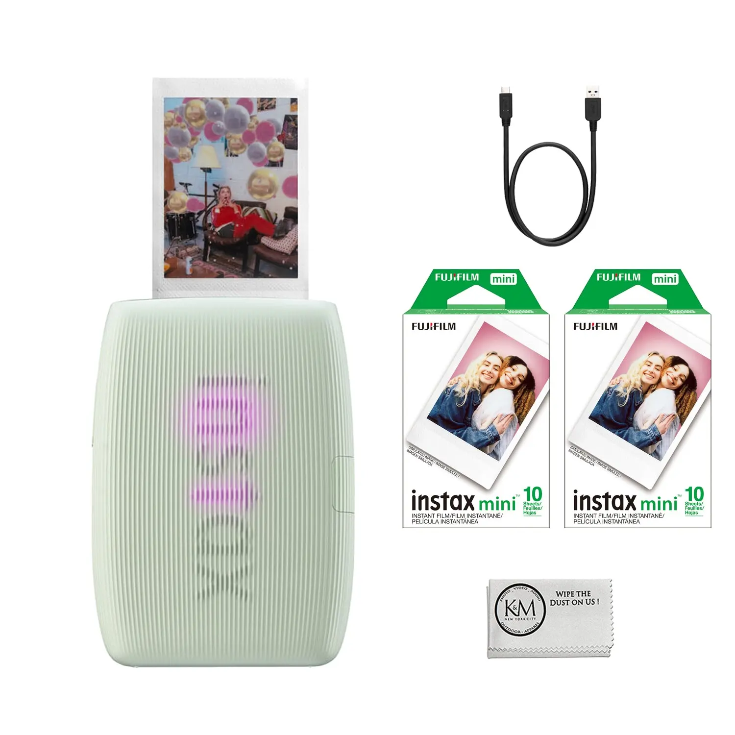 FUJIFILM INSTAX MINI LINK 3 Smartphone Printer Sage Green with 20 Exposures Film & Microfiber Cloth Bluetooth 5.1 Compact Mobile Printer for iOS & Android