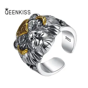 QEENKISS 925 Sterling Silver Ring for Men Male Vintage Adjustable Tiger King Ring Fine Jewelries Wholesale Party Gift RG6808