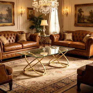 31.50'' Modern Rectangle Glass Coffee Table with Ring-Shaped Frames, Metal Frame and Clear Tempered Glass, Luxury Center Table for Living Room, Bedroom and Office, Gold