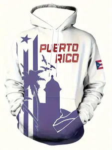 Men's Puerto Rico 3D Graphic Fitted Hoodie, Casual Long Sleeve Pullover with Drawstring Pocket, with & Blue Print, Polyester Fabric, Sweatshirts, Casual Hooded Sweatshirt, Graphic Hoodies
