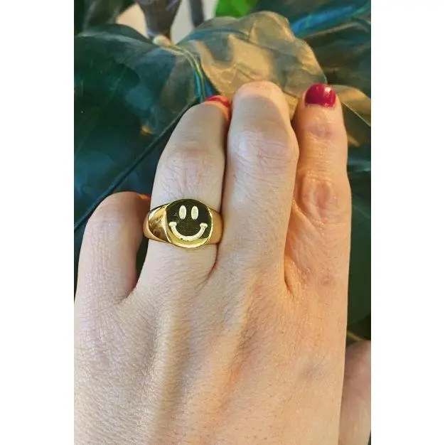 Women's Stamped Smile Ring - Lead Material, Happy Face Design, One Size, Tarnish-Free, Fits Any Finger Comfortably