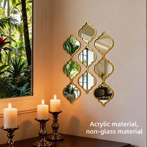 Moroccan Style Acrylic Decorative Hanging Wall Set (9/12 Pcs), Home Decor Mirrors, Irregular Bohemian Art Decor, Ideal for Bathroom, Hallway, Ideal Gift