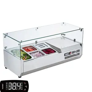 Refrigerated Condiment Prep Station – 130W Countertop Prep Table with 1×1/3 Pan & 4×1/6 Pans – 304 Stainless Steel Body, PC Lids – Sandwich Salad Prep Station with Glass Guard – ETL Certified