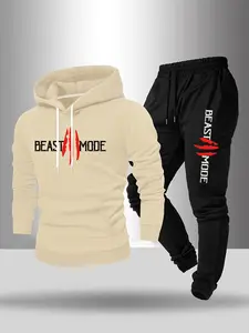 Men's Casual Two-Piece Set, Menswear Graphic Hoodie & Drawstring Joggers, Fall Winter Fitted Long Sleeve Pullover, Daily Wear