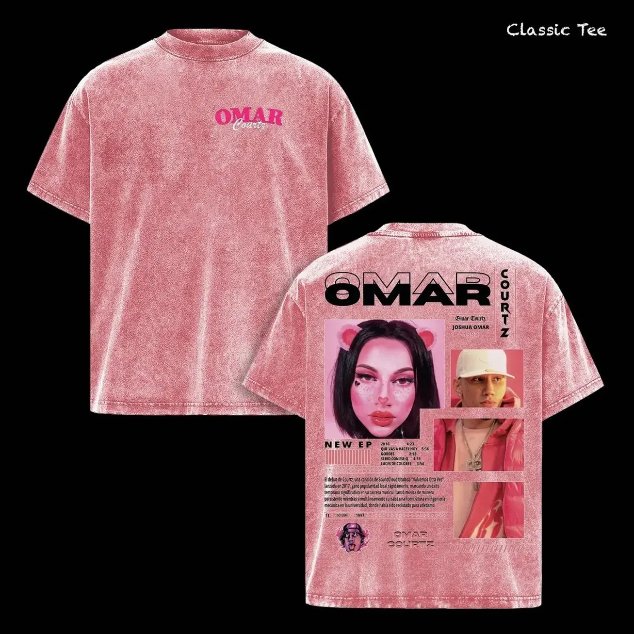 Omar Courtz Shirt – Omar Courtz Vintage Acid Washed Oversized Graphic T Shirt, Latin Trap Artist Streetwear Pink Aesthetic, Retro Collage Double Sided Print, Soft Heavyweight Cotton Unisex Tee, Music Merch Gift for Fans MCW