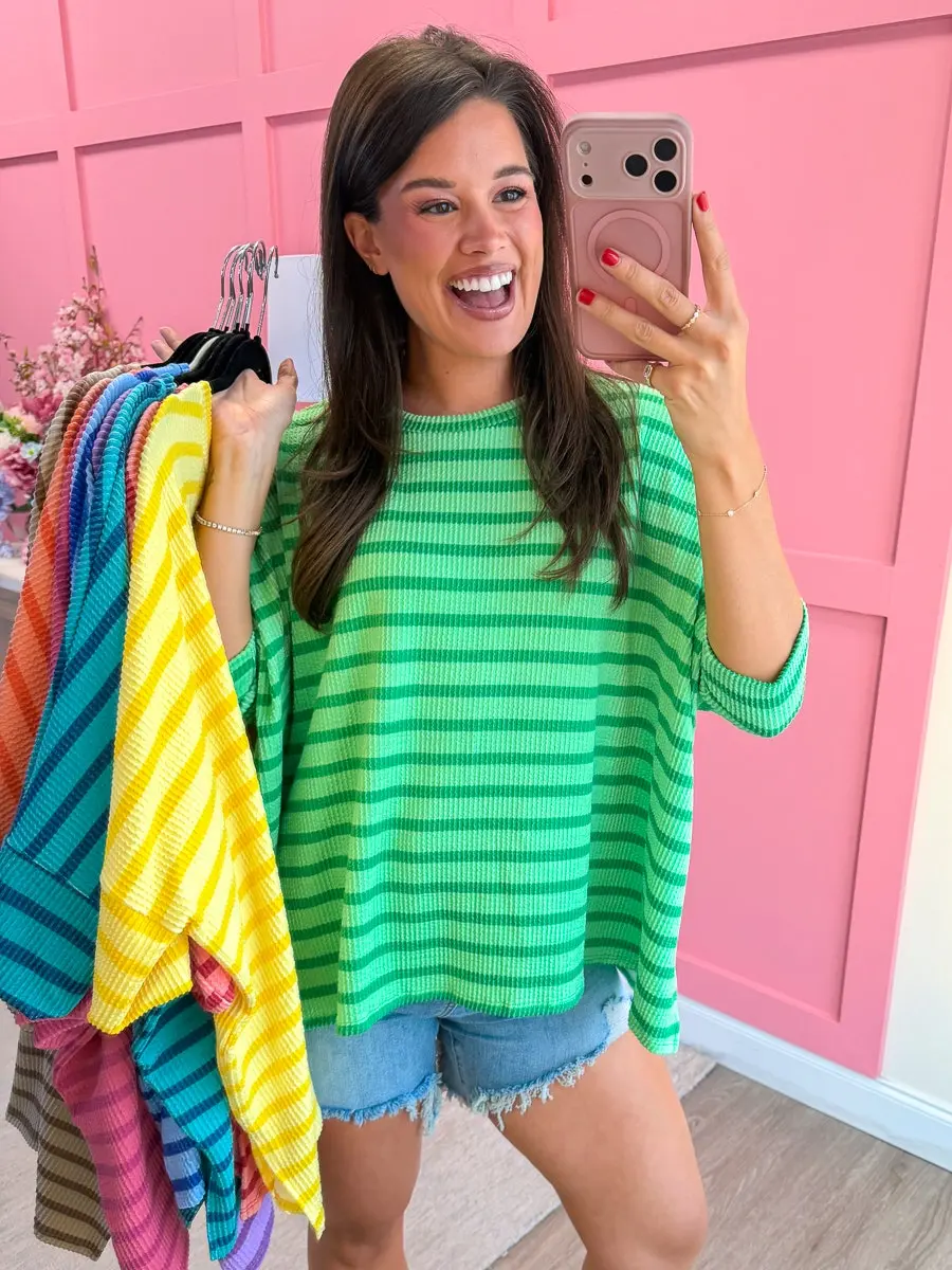 Summer Striped Raised Rib Easy Fit 3/4 Sleeve Top | Reg-Plus