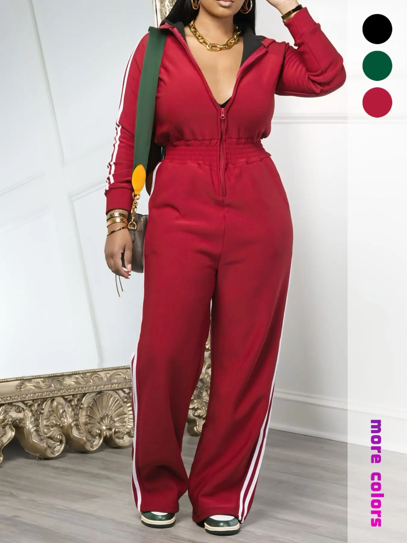 Women's Sporty Casual Wear, All Season Activewear, Zipper Workout Fitness Jumpsuit & Striped Design, Ideal for Daily Leisure or Sports, Comfortable Fashion, Athleisure Style, Everyday Activewear