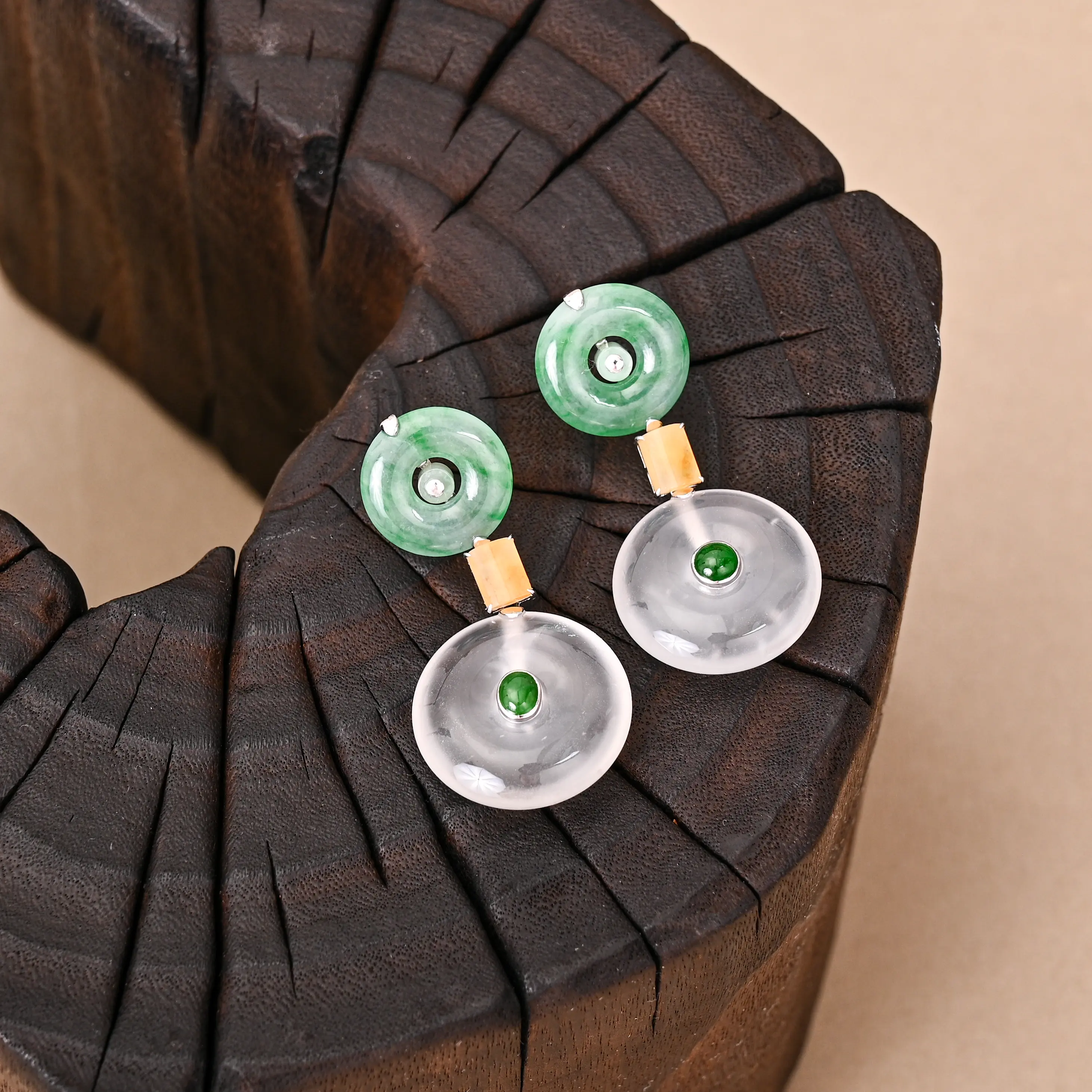 The 14K gold "Yuan" Jade Earrings: Infinite Harmony– Geometric Jadeite Discs & Central Rectangular Bar Multi-Shape Drop Earrings