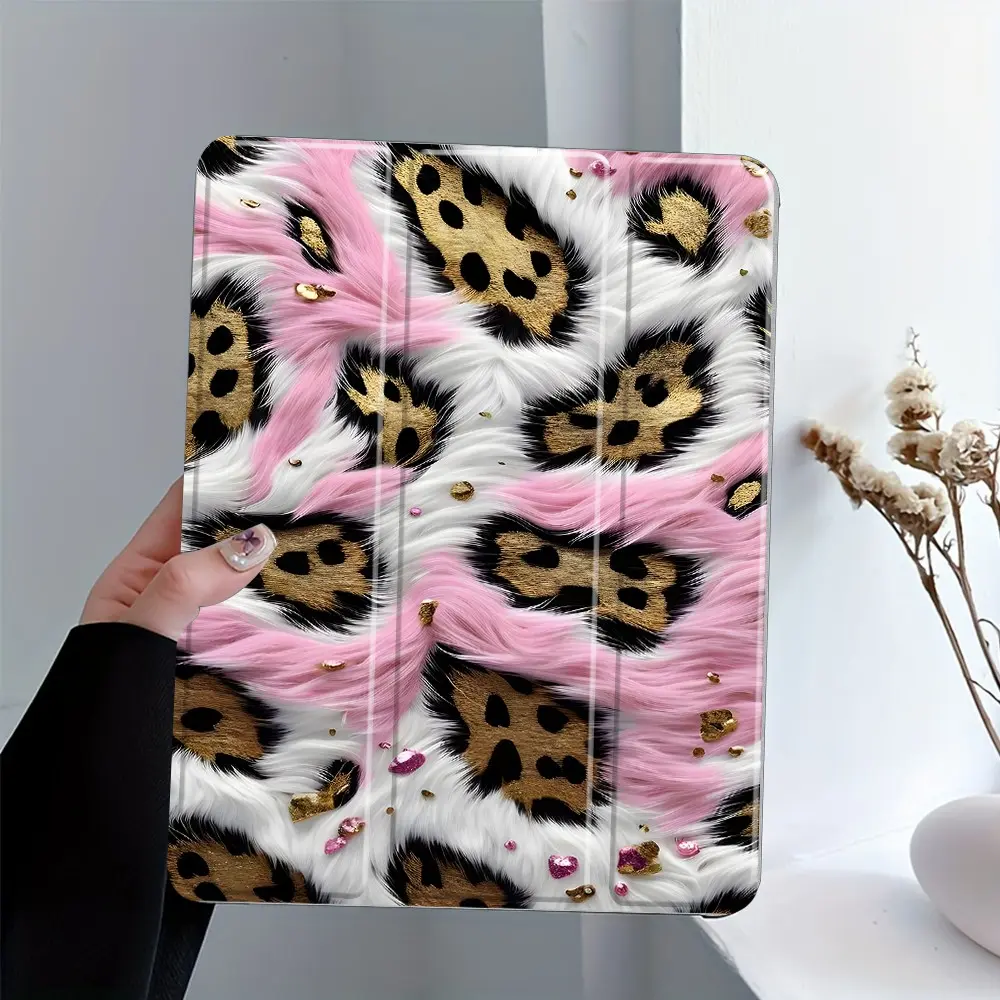 Pink Faux Fur & Gold Leopard Print iPad Case, Tablet Cover, Tablet Accessories, Trifold Stand Protective Cover with Auto Wake/Sleep, Anti-Drop Scratch-Resistant, Transparent Acrylic Back, Fits iPad 7.9/8.3/10.2/10.5/10.9/11 inch, Tablet Casing