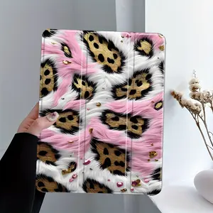 Pink Faux Fur & Gold Leopard Print iPad Case, Tablet Cover, Trifold Stand Protective Cover with Auto Wake/Sleep, Anti-Drop Scratch-Resistant, Transparent Acrylic Back, Fits iPad 7.9/8.3/10.2/10.5/10.9/11 inch