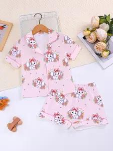 Cute Cat Print Fire Retardant Fabric Sleepwear Set, Casual Fitted Short Sleeve Top and Elastic Shorts, All Seasons Kids Pajamas