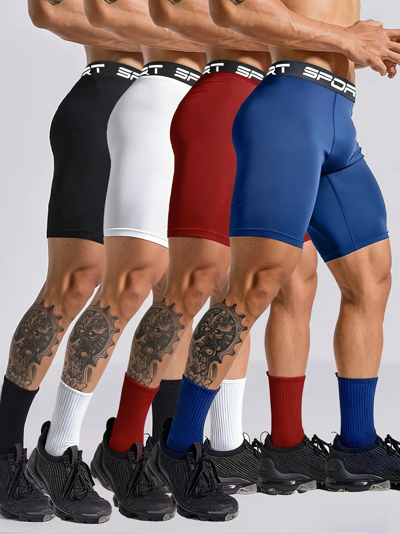 4-Pack Men’s Athletic Running Shorts, Quick Dry Moisture Wicking Breathable Stretch Workout Shorts for Gym Training, Fitness, Jogging & Daily Active Wear, Performance Sports Shorts Set in Black, White, Red and Blue, Breathable Athletic Bottoms
