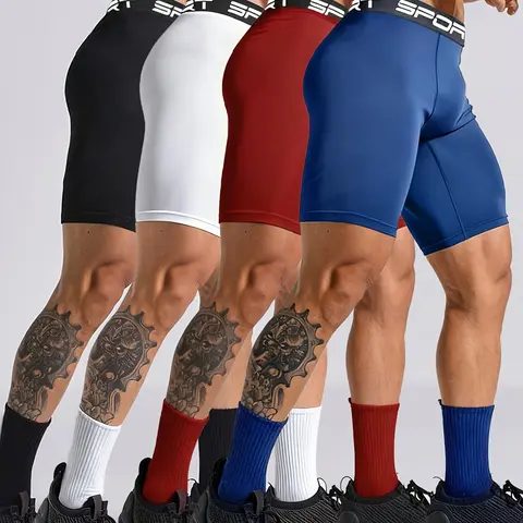 4-Pack Men's Athletic Running Shorts, Quick Dry Moisture Wicking Breathable Stretch Workout Exercise Shorts for Gym Training, Fitness & Daily Active Wear, Sports Shorts Set in Black, White, Red and Blue