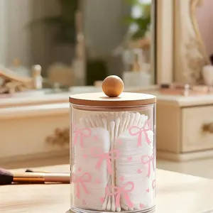 Bow Storage Box with Transparent Dome Lid and Wooden Cover, Acrylic Material, Bathroom Organizer, 10oz Cotton Swab Container