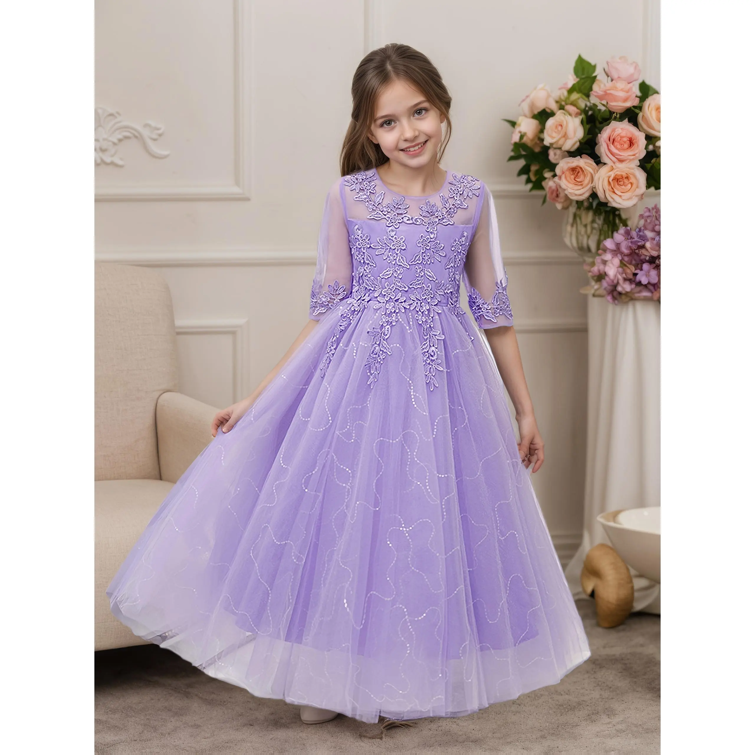 Girls' A-Line Princess Gown, Plain Polyester Dress with Tulle Skirt & Lace Trim, 3/4 Sleeve Formal Wear for Parties, All Seasons, Party, 5-6Y