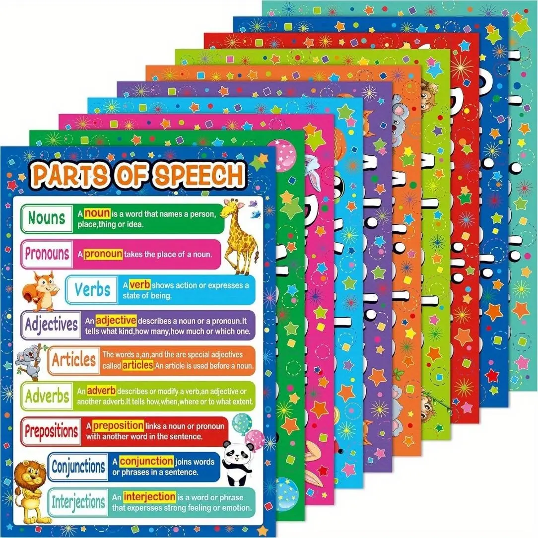 10Pcs Educational Posters Speech Learning Poster Grammar Poster Homeschool Playroom Teaching Poster Classroom Learning Decoration Classroom Supplies Learning Materials Charts
