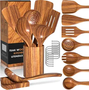 Teak Kitchen Cooking Utensil Set with Holder, Wooden Spoons for Cooking, 10 count Cooking Spatulas Set with Spoon Rest, Wooden Utensil Set for Nonstick Cookware Sturdy & Lightweight