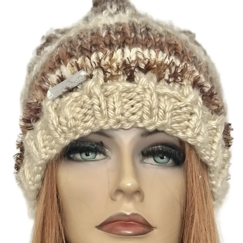 Hand Knits 2 Love Beanie Winter Hat Adjustable Fit Wood Beads Ombre Browns Designer