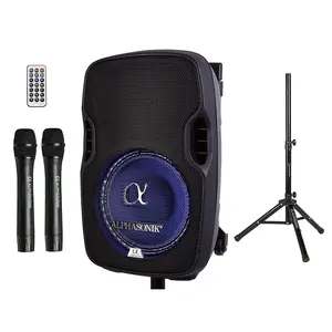 Alphasonik 8" Portable Rechargeable Battery Powered 800W Pro DJ Amplified Loud Speaker with 2 Wireless Microphones Echo Bluetooth USB SD Card Aux MP3 FM Radio PA System LED Ring Karaoke Tripod Stand