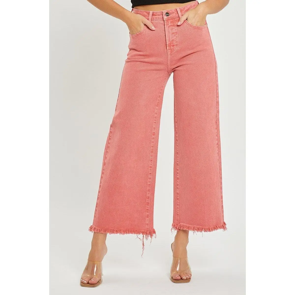 Risen Peach Blossom High Rise Crop Wide Leg Jeans