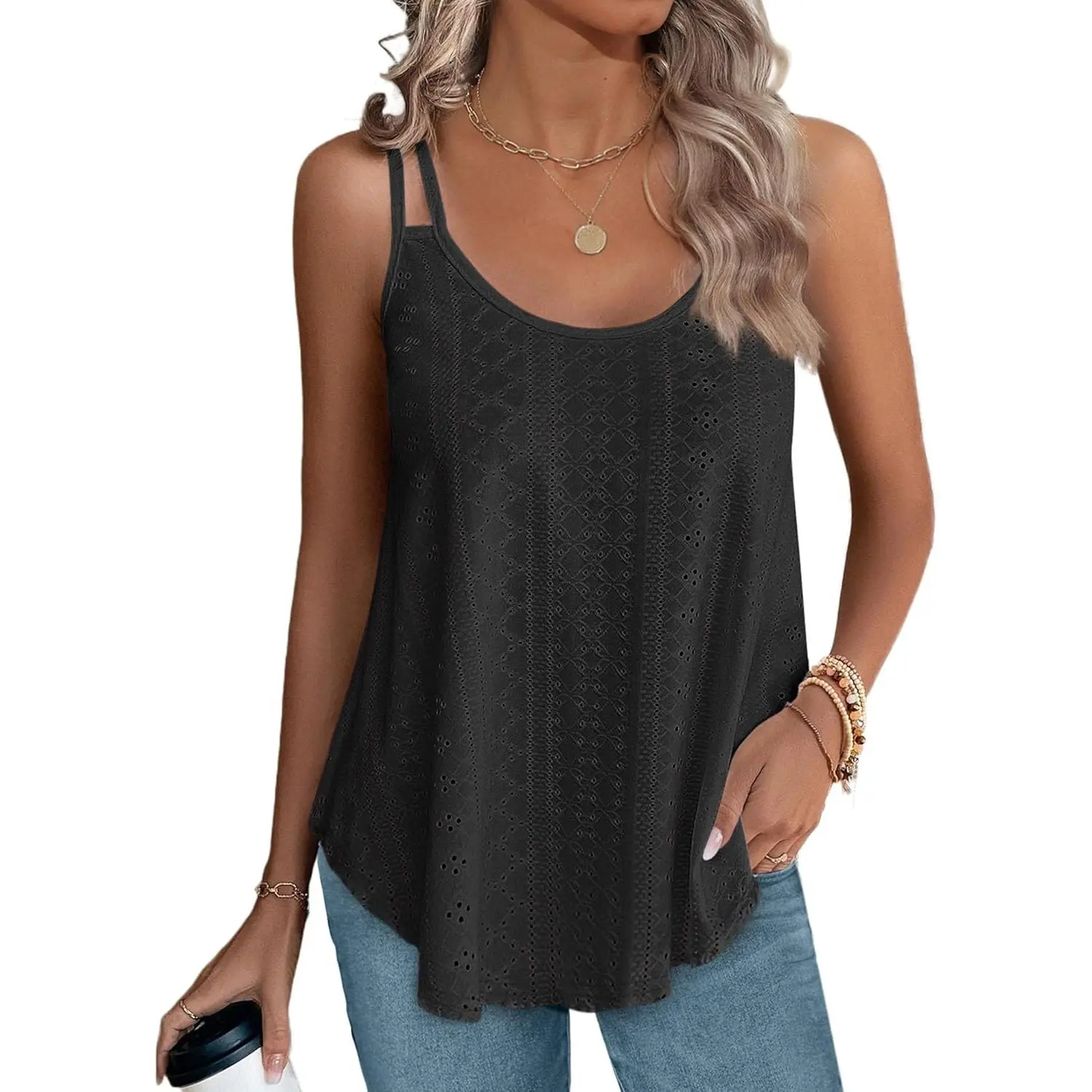 Womens Tank Tops Spaghetti Strap Camisoles Eyelet Embroidery Scoop Neck Tops