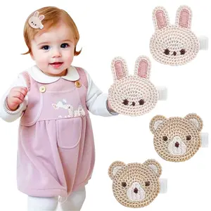4PCS Cute Baby Girl Hair Clips Set Pink Animal Designs Cotton Crochet Clips Rabbit Bear Bow Bobby Pins for Infants & Toddlers (Rabbit and bear)
