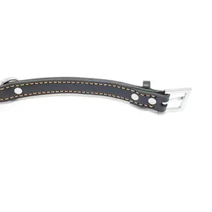 Leather Dog Collar with Single Line of Silver Chrome Buttons - Black - Small