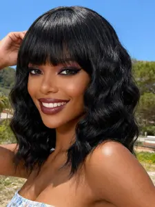 14 Inch Women's Medium-Length Wig, Heat-Resistant Hair, Voluminous Waves, Bangs, Curly Bob Style, All Seasons, Premium Synthetic Wigs