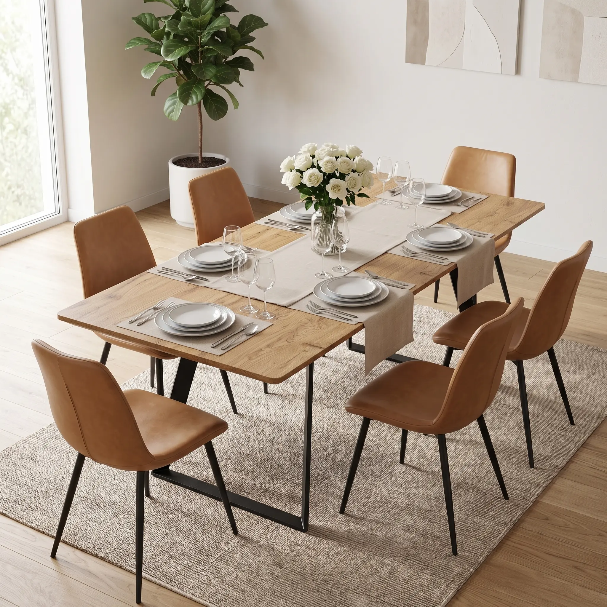 Modern Extendable Solid Wood Rectangular Dining Table for 6, Natural Wood Grain Kitchen & Dining Table with Retractable Top, Black A-Frame Metal Legs, Spacious Legroom, Minimalist Industrial Dinner/Home Office Desk for Apartment