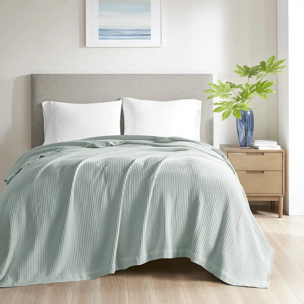Beautyrest Warm Cotton Waffle Tight Weave Warm Blanket - BR51N-3832, 90x90x0.25in Aqua, Breathable Cotton Fiber, Full & Queen Size