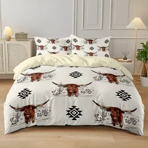 3-piece bedding set (1 duvet cover + 2 pillowcases, no insert) Bohemian geometric western style duvet cover set with longhorn, desert prints. suitable for room décor, all year round, great gift, Decorative Bedding Set