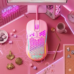Pink Lightweight Honeycomb RGB Gaming Mouse, Wired Ergonomic Optical Mouse with 6 Buttons & 7200 DPI, Breathable Hollow Shell for Professional Gaming & Office