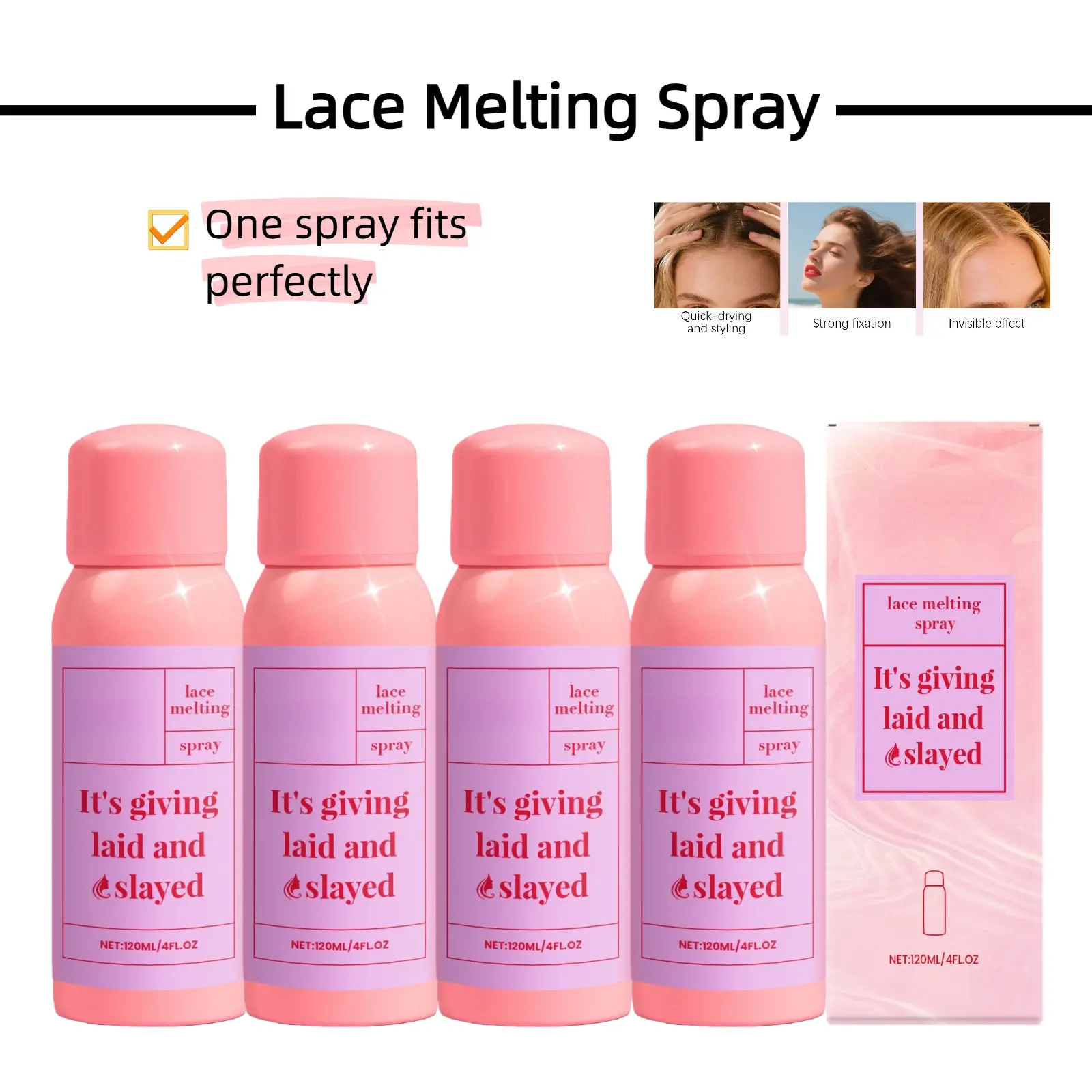 Lace Wig Melting Spray for Strong Fixation, Fast-Setting Haircare with Hyaluronic Acid, Durable Hold with No White Flakes, Alcohol-Free, 120ml, Shifting, Daily