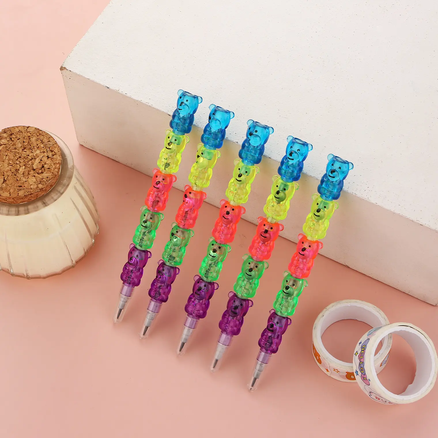 Cartoon Bear Eraser Set, 5 Pieces No Sharpener Required, Detachable & Creative Design, Perfect for Kids' Stationery Needs, Writing Stationery
