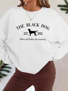 Women's Black Dog & Letter Print Drop Shoulder Sweatshirt, Casual Long Sleeve Round Neck Pullover for Fall & Winter, Ladies Clothes for Daily Wear