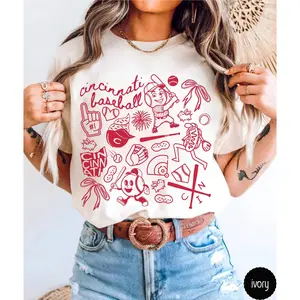 Cincinnati Baseball Aesthetic T Shirt, Trendy Girly Game Day Doodles Graphic Tee, Vintage Style Baseball Fan Illustration Top, Retro Cute Sports Mascot Fan Gift Apparel