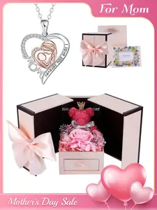Mother's Day Gift Mommy & Me Love Heart Necklace Set with Moss Bear Rose Jewelry Box, Elegant Copper Pendant Necklaces, Necklace for Daughter, Perfect Gift for Mother's Day Birthday Christmas